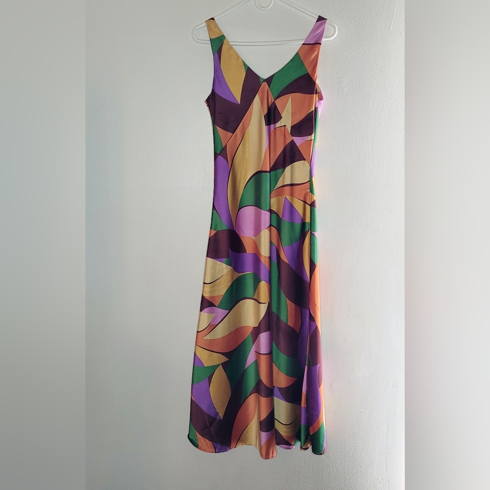 JOIE MULTICOLOR SATIN ABSTRACT PRINT Y2K Maxi Dress Size XS V-Neck Sleeveless - Picture 2 of 8